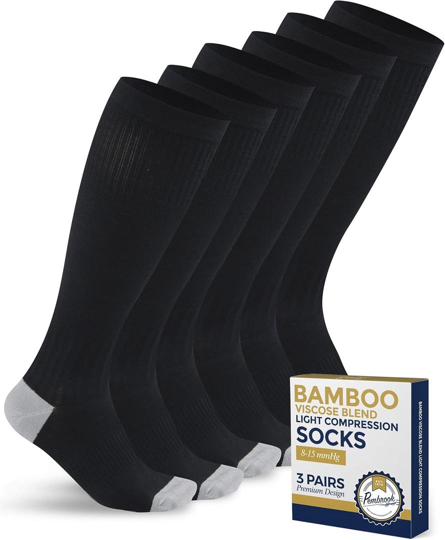 Pembrook Bamboo Viscose Light Compression Socks - 3 Pairs | 8-15 mmhg Compression Socks | Knee High Comfort Support Socks (Large)