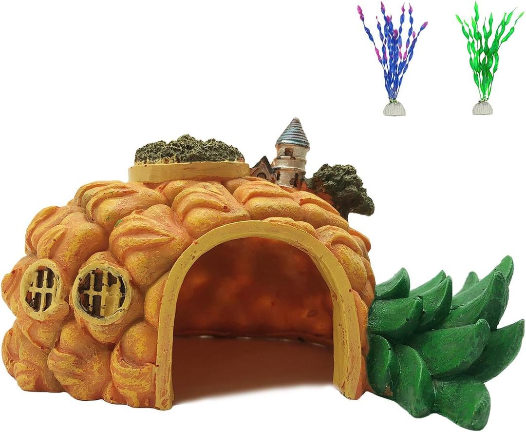 Tfwadmx Aquarium Decorations Resin Pineapple Fish Tank House Hermit Crab Hideout Cave Shelter Decor Underwater Landscape Hut Aquarium Ornament for Shrimps Breeding Hiding (Orange)