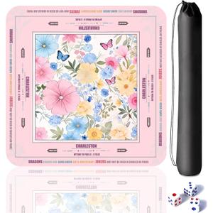 33"33" Mahjong Mat, Anti-Slip Suede Noise-Reducing Mahjong Mat for Table, Soft Foldable Mahjong Table Cloth with Dice & Storage Bag for Poker/Cards/Board Games/Tile Games, Pink Flowers