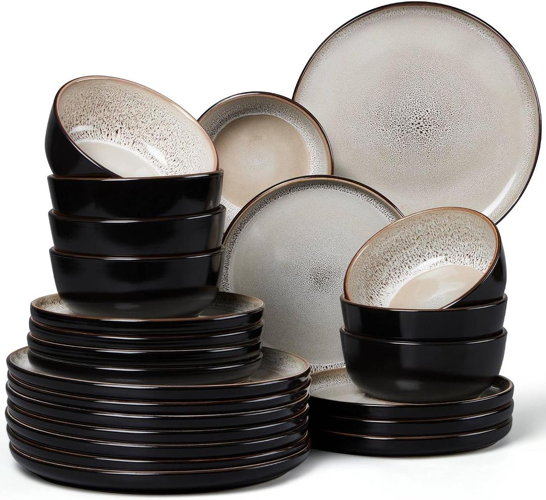 LIANYU Dinnerware Plates and Bowls for 8, 24 Piece Dishes Set, Tidal Khaki | Dishwasher and Microwave Safe, Stoneware Ceramic Dinning Ware Set, Include Dinner Salad Plates and Cereal Bowls