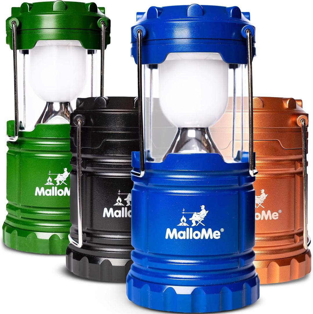 MalloMe Camping Lantern Multicolor 4 Pack Lanterns for Power Outages, Camping Lights for Tent Hanging, Camp Light Tent Lamp Emergency Battery Powered LED Lantern (Rechargeable Batteries Not Included)
