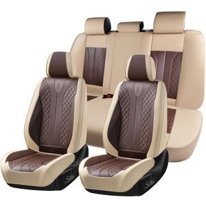 FLORICH Front and Back Seat Covers for Cars Leather Car Seat Cover Full Set 5 Seats Waterproof Seat Protector Automotive Seat Covers Carseat Cover Universal Fit for Most Cars SUV Trucks, Beige&Coffee