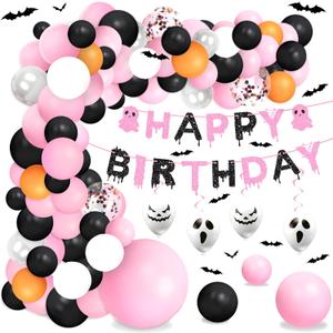 Halloween Pink Birthday Party Decorations Balloon Arch Foil Balloon Banner Bat Hanging Swirl for Halloween Happy Boo Day Baby Shower Party Supplies