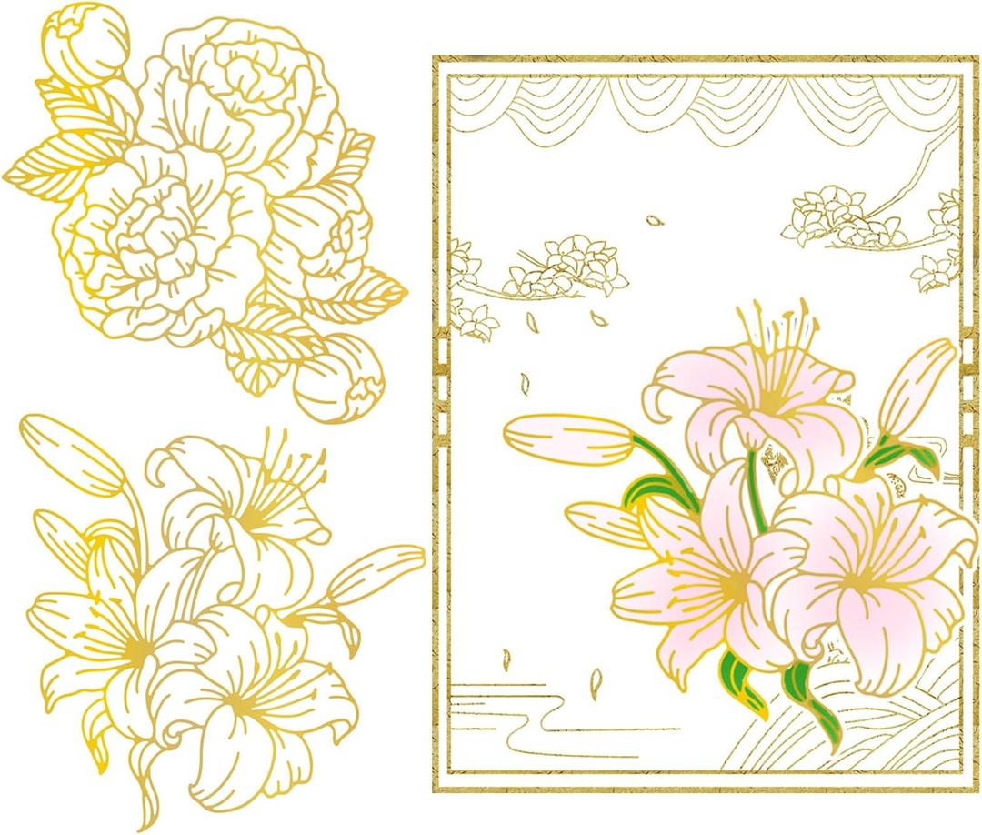 GLOBLELAND Peony and Lily Flowers Hot Foil Plate for DIY Foil Paper Embossing Scrapbooking Decor Greeting Cards Making Wedding Birthday Invitation,Matte Platinum