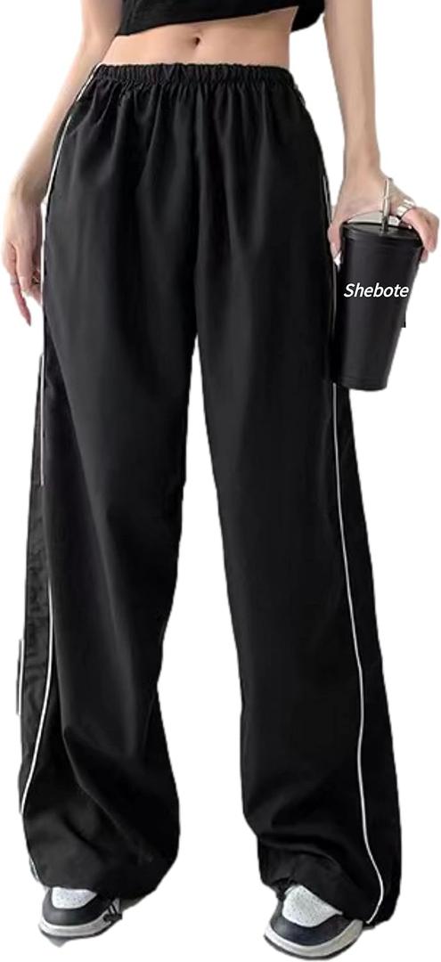 Shebote Womens Parachute Pants Wide Leg Baggy Y2K Elastic Waist Jogger Sweatpants Track Pants Streetwear(0046-Black-L)