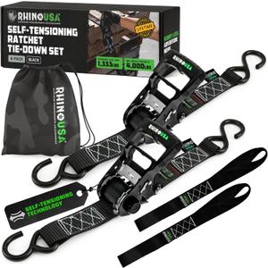 Rhino USA Self Tensioning Ratchet Tie Down Straps (2PK 1.6INX15FT) - Heavy Duty Patented Cargo Strap Keeps Tension When Your Load Shifts - Used for Motorcycle, ATV, UTV, Truck, General Cargo & More