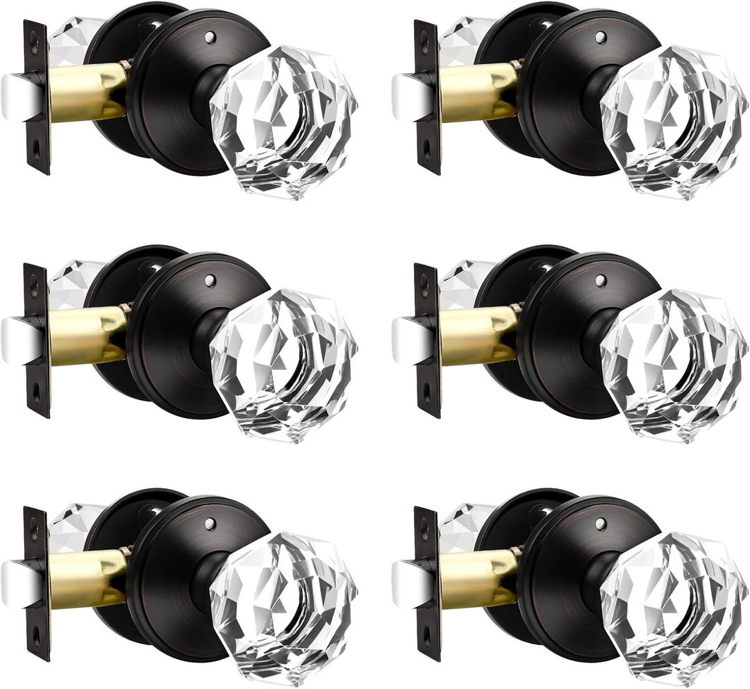6 Pack Clear Crystal Door Knob, Inspired Decorative Oil Rubbed Bronze Door Knobs for Interior Doors, Unique Fancy Glass Privacy Door Knobs for Bedrooms and Bathrooms
