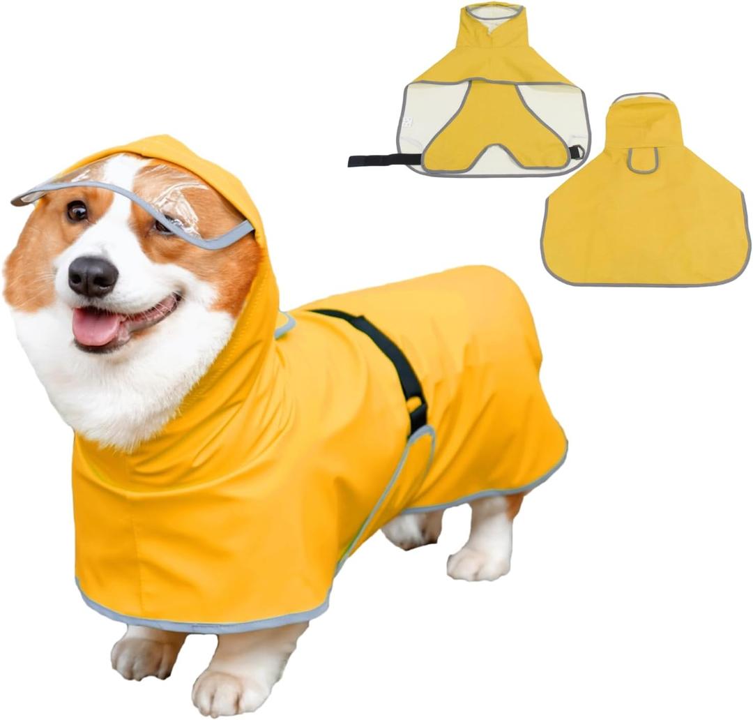 Dog Poncho Hooded Raincoat for Puppies & Small to Large Dogs, Reflective Strips for Night Safety, Lightweight & Adjustable Fit (Small, Yellow)