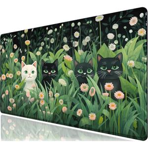Large Extended Gaming Mouse Pad with Stitched Edges,Green Desk Mat XL Cool Desk Pad Keyboard Mat,Kawaii Cute Cat Flower Mouse Pad Desk Mat Desk Decor with Non-Slip Rubber Base,Large Computer Mat (B1)