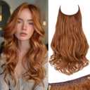 SARLA Invisible Wire Hair Extensions with 3 Clips Long Wavy Curly Synthetic Hairpiece for Women Adjustable Transparent Headband 18 Inch Tizian Red