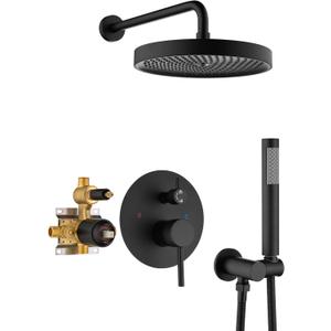 Black Shower Faucets Sets Complete, Matte Black Shower Fixtures, Shower System with 10 Inch Rainfall Shower Head And High Pressure Handheld, Brass Valve with Pressure Balance Cartridge