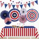 HOOSUN Patriotic 4th of July Decorations Set, 9 Pcs Red White and Blue Paper Fans, USA Pennant Bunting, Star Streamers, Patriotic Tablecloth for Fourth of July Party Supplies, Memorial Day Decor