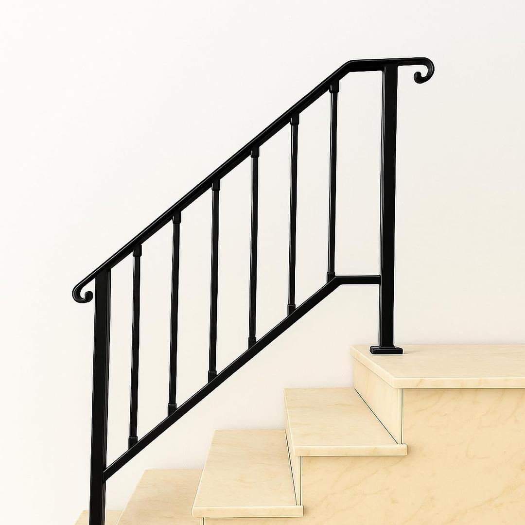 Handrails for Outdoor Step, Mild Steel Stair Railing Fits 3 or 4 Steps, Staircase Handrails, Metal Hand Rails Kit for Concrete, Wood, Porch, Deck, Exterior Steps, Satin Black