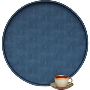 HofferRuffer Large Round Serving Tray 24'', Elegant Faux Leather Circle Ottoman Table Tray, Serve Tea Coffee Breakfast in Bedroom Living Room Kitchen (Blue)
