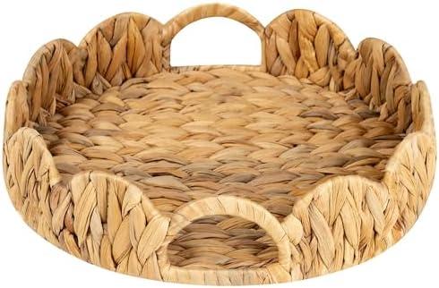 StorageWorks Round Wicker Scalloped Tray, Rattan Serving Trays with Handles, Water Hyacinth Basket for Decorative & Organizing, 13" L x 13" W x 2.75" H