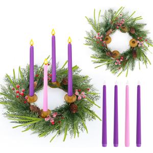 5 PCS Christmas Advent Wreath with Candles Holder Norfolk Pine Red Berries Cedar Snowy Pine Needles Wreath Christmas Advent Candles for Home Fireplace Church Centerpiece Table School Fireplace Decor (Classics-4)