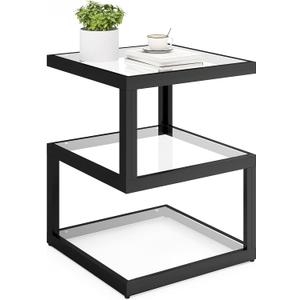 S-Shaped 3-Tier Glass Side Table with LED Strip, Modern Black End Table for Living Room & Bedroom (Square)