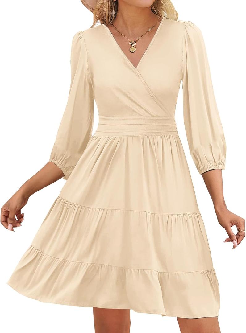 PerZeal Women's Wrap V Neck 3/4 Sleeve Wedding Guest Dress Elastic Waist Tiered Belted Ruffle Hem Mini Dress (Beige, S)