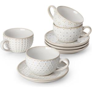 MALACASA 6 OZ Cappuccino Cups with Saucers Set of 4 - Ceramic Stackable Tea Cups and Saucers, Embossment Coffee Mugs for Tea, Latte and Mocha, Dishwasher Safe, Arctic white