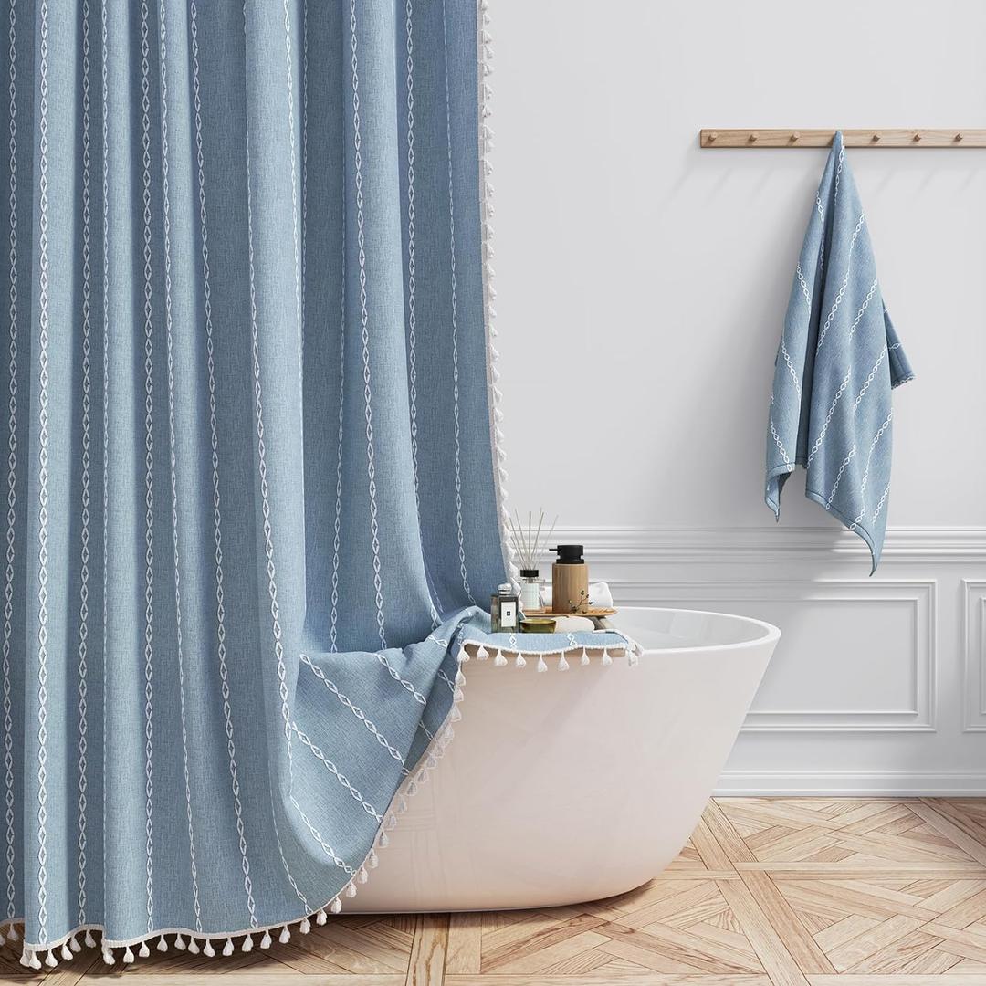 BTTN Boho Shower Stall Curtain - 36x72 Narrow Linen Ultra Thick Striped Tassel Fabric Shower Curtain Set with 6 Hooks, Half Modern Farmhouse Cottage Weighted Cloth Shower Curtains for Bathroom - Blue