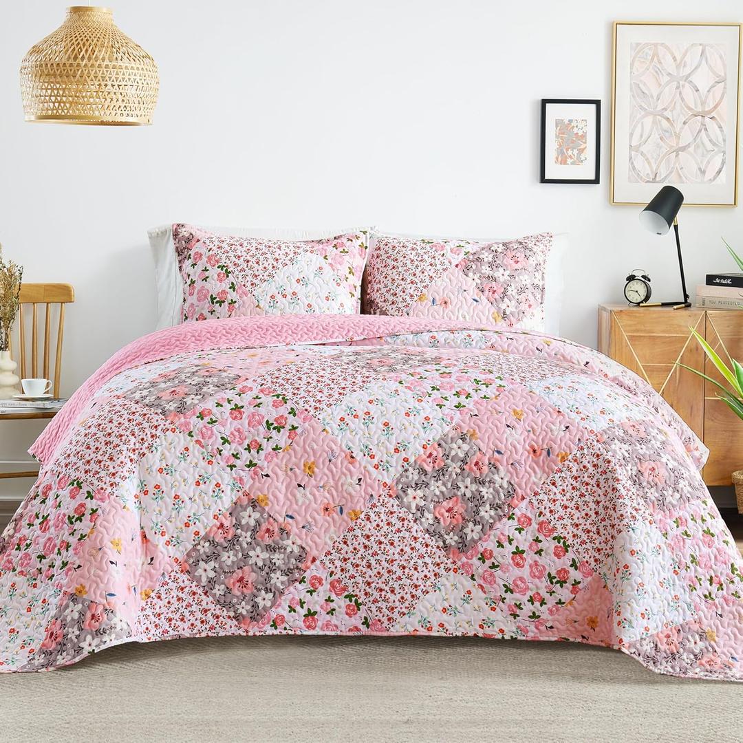 Whale Flotilla Patchwork Quilts Queen Size, Extra Soft Boho Floral Bedspreads for Bed Reversible Lightweight Full Queen Quilt Bedding Set Printed Coverlets with 2 Pillow Shams for All Seasons, Pink
