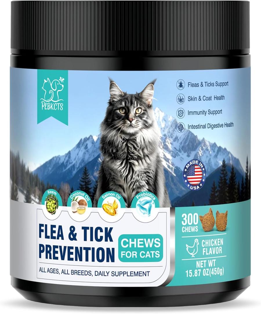 Flea Treatment for Cats 300 Treats Natural Flea and Tick Prevention Supplement for All Cats - Skin & Coat Care, Immune System Boot, Digestive Gut Health, Daily Oral Flea Supplement Chicken Flavor