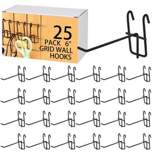 Moxweyeni 6 Inch Grid Wall Hooks 25 Pcs Grid Wall Panel Hooks Store Garage Wall Mount Organizers Storage Grid Wall Display Hooks and Hangers for Retail, Craft Show, Home Setup (Black)