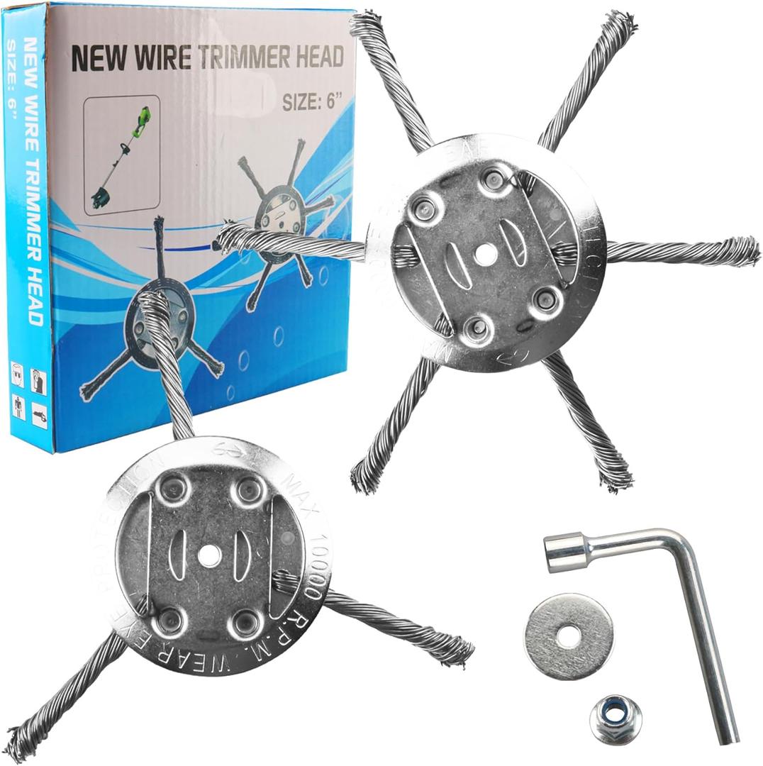 2 Pack 6 inch Steel Wire Rotary Brush Cutter Trimmer Head Sets Weeds Blade Cutter with Universal Adapter Kit Compatible with String Trimmers, Moss Grass Rust Removal, Gardening Lawnmower