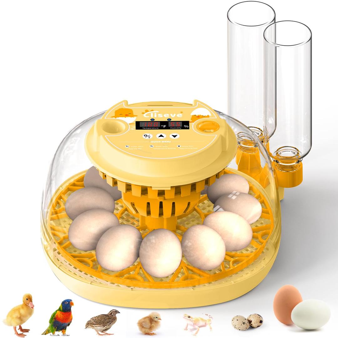 Egg Incubator for Hatching Chicks, Automatic Egg Turner Holds 12 Eggs, Smart Incubator 360 Clear Window with Temperature and Humidity Display Egg Candler for Small Poultry Ducks Quails Eggs