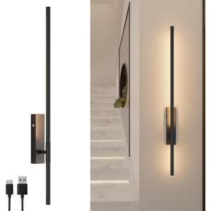 Battery Operated Wall Sconce Set of 1, 32.7inch Rechargeable Wall Light Indoor, Dimmable 6W Wireless Sconce for Living Room, Bedroom, Hallway, Black