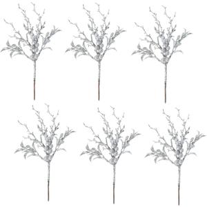 Flueyer 6 Pack Silver Artificial Christmas Picks Christmas Berries Stems with Leaves Floral Picks Twig Stem for Xmas Wreath Garland Crafts Holiday Home Decor