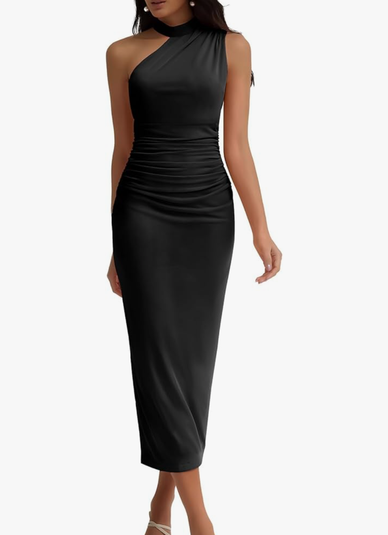 DRESSTELLS Women's Formal Wedding Guest One Shoulder Mesh Ruched Bodycon Cocktail Party Split Maxi Dresses M