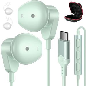 APETOO USB C Headphones for iPhone 17 Pro Max 16 15 Plus iPad USB-C Wired Earbuds with Mic Volume Control HiFi Stereo Type C Earphones for Galaxy S26/S25/S24/S23/S22 Ultra, Pixel 10 9 8 7, Mint Green