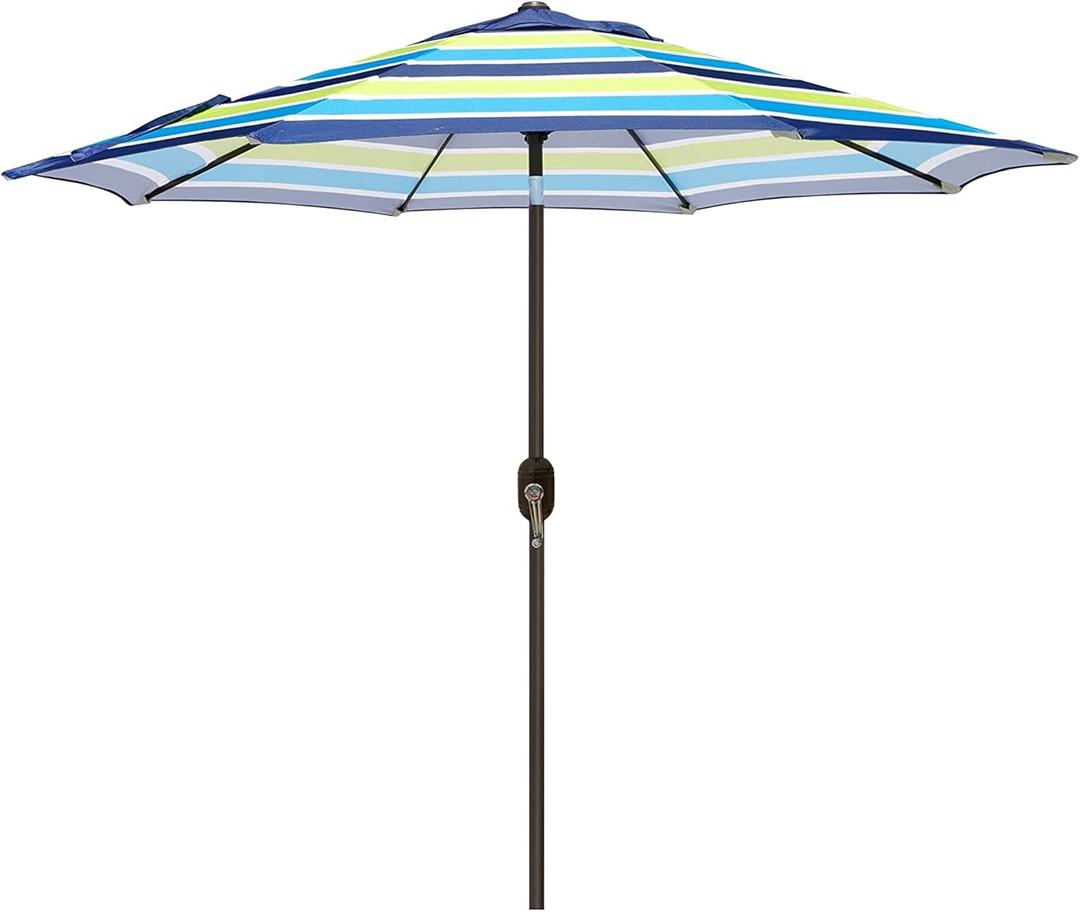Blissun 9' Outdoor Patio Umbrella, Outdoor Table Umbrella, Yard Umbrella, Market Umbrella with 8 Sturdy Ribs, Push Button Tilt and Crank (Blue & Green Stripe)