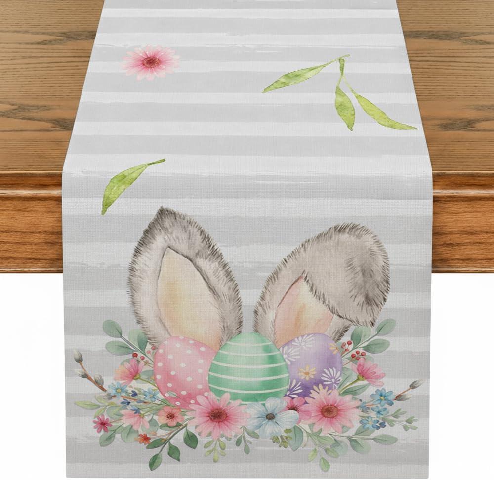 Striped Bunny Rabbit Ears Flower Easter Eggs Table Runner Spring Holiday Kitchen Dining Table Decoration for Indoor Outdoor Party Decor 13 x 90 Inch (Red)