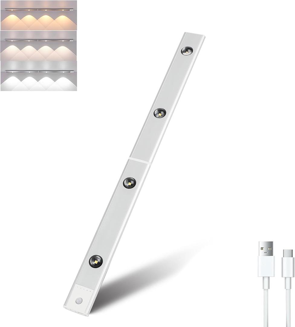 FXPS LED Under Cabinet Lights, USB Rechargeable Battery Powered Kitchen Mountain Corrugated Lights, Closet Lights with Motion Sensor in 3 Color temperatures. (21.3in)