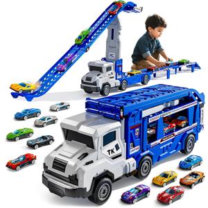 Truck Toys for Kids, Transport Vehicle with 12 Die-Cast Car, Double Race Car Track Cars Ramp Toy, Carrier Truck for Toddler 3-5, Christmas Birthday Gift for 3 4 5 6 7 8 Years Old Boys Girls