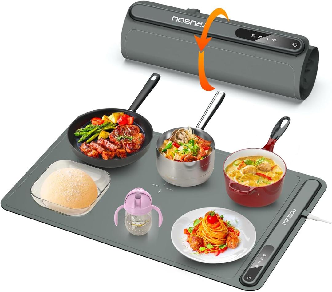 Electric Warming Tray - Full Surface Heating, Rollable & Portable, Premium Silicone Nano Material, 3 Temperature Settings, Auto Shut-Off - Versatile Food Warmer for Gatherings, Parties, and Everyday Use (Dark Gray)