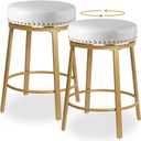 White & Gold Bar Stools Set of 2 Counter Height 24 Inches Swivel Bar Stools for Kitchen Counter Island Backless Modern Gold Barstools Upholstered Faux Leather Round Counter Stools, Off White+Gold, 19.7"W x 19.7"D x 24.5"H