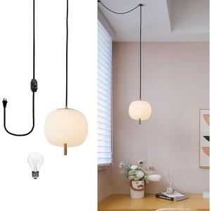 16ft Mid Century Pendant Light Fixture, White Frosted Glass Globe Hanging Light with Dimmable Switch and Plug for Kitchen Island, Dining Room, Bedroom Room, Living Room (Brass)