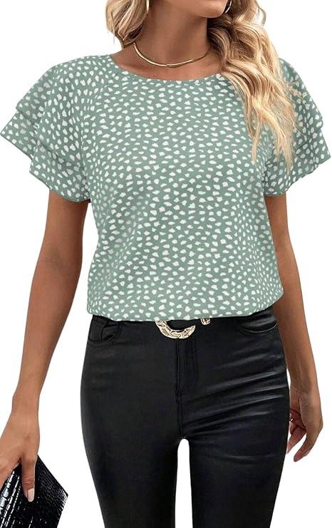 Ladies Short Sleeve Summer Basic Blouse Skin-Friendly Trendy Shirt Lightweight Breathable Tops Green L