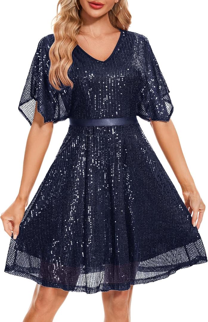 Wedtrend Women's Sparkly Sequin Dress Bat Sleeves Cocktail Dress Glitter Club Dress (S)