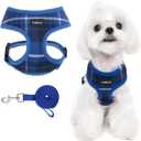 SCENEREAL Puppy Dog Harness with Leash Set for Small Medium Sized Dogs, Soft Mesh Pet Harnesses and Leash, No Chock Plaid Adjustable No Pull Vest for Dogs Cats, Chihuahua,Bulldog (Blue S) (S: Chest Girth: 14"-18")