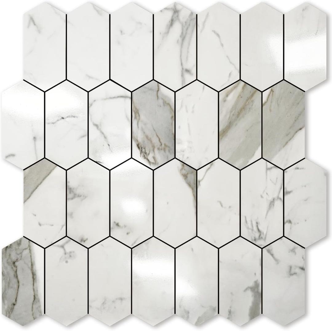 Vamos Tile Long Hexagon Peel and Stick Backsplash Tile - 10 Sheets Stick on Backsplash for Kitchen and Bathroom 12.4 x 12 Inch Glossy Carrara White PVC Self Adhesive Mosaic Wall Tiles