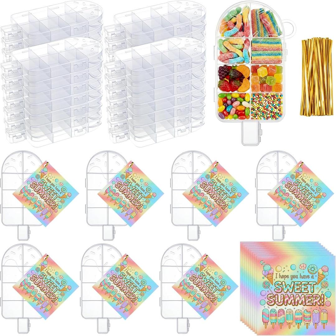 Teyva Daily 24 Sets End of School Year Student Gifts Bulk Clear Ice Cream Shape Boxes with Cards and Gold Ribbons Ice Cream Party Favors Candy Container Graduation Gift Set for Birthday Wedding
