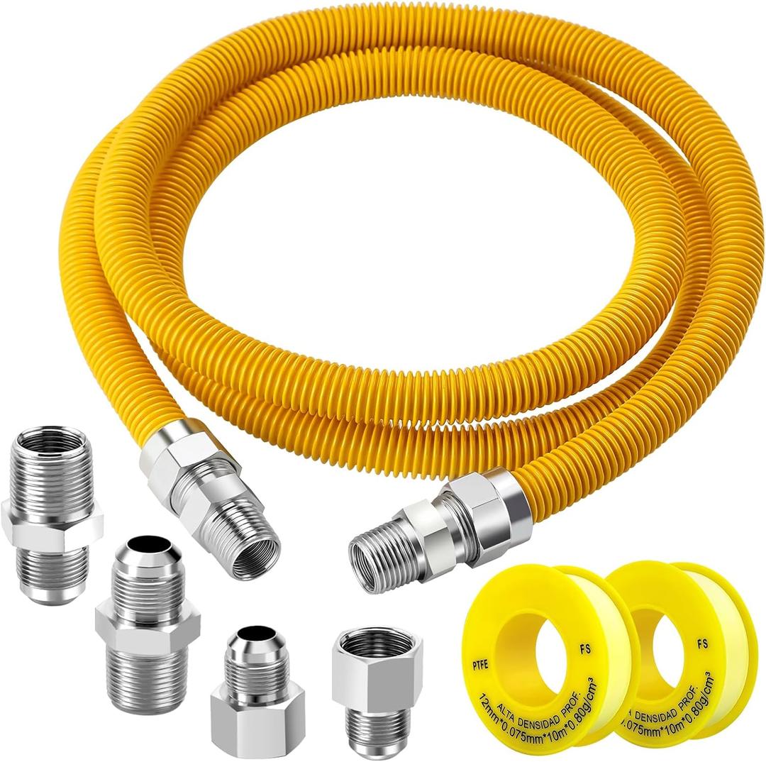 Puxyblue [2026 NEW] 72" Flexible Gas Line Kit for Dryer Stove Range Flexible Stainless Steel Gas Dryer Kit - 5/8" OD(1/2" ID) Dryer Gas Line with Connector 3/4" FIP & 1/2" MIP & 3/4" MIP Fitting