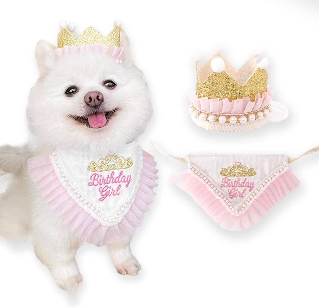 Princess Dog Crown Hat Scarf Set, Dog Birthday Hat Dress Outfit, Wedding Party Supplies for Girl Cats and Small Mini Dogs (GoldPearl)