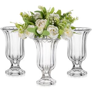 Glasseam Pedestal Glass Vase for Flowers, 7.5in Tall Compote Vase Set of 3, Crystal Clear Vases for Centerpieces, Ribbed Decorative Vases for Home Decor, Cute Footed Urn for Living Room Decorations