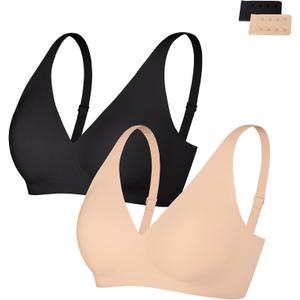 Popilush 2 Pieces Womens Bras No Underwire Push Up Bra Wireless Supportive Bralettes Comfortable Tshirt Bra Deep V, Small