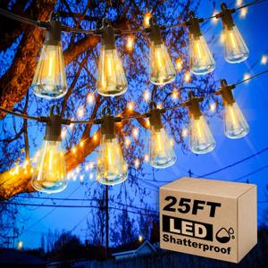 25ft Outdoor String Lights, LED Patio Hanging With 12 Shatterproof Bulbs, Waterproof ETL Listed Bistro for Backyard Garden Cafe (ST38-25FT)